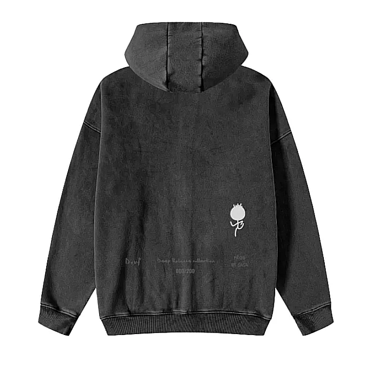 Douf Zip Hoodie is our everyday slightly oversized fit hoodie in a heavy weight cotton. Super soft, hand-distressed and piece dyed. Ribbed hem & cuffs. Douf Logo and stickmans print on the chest and back.
